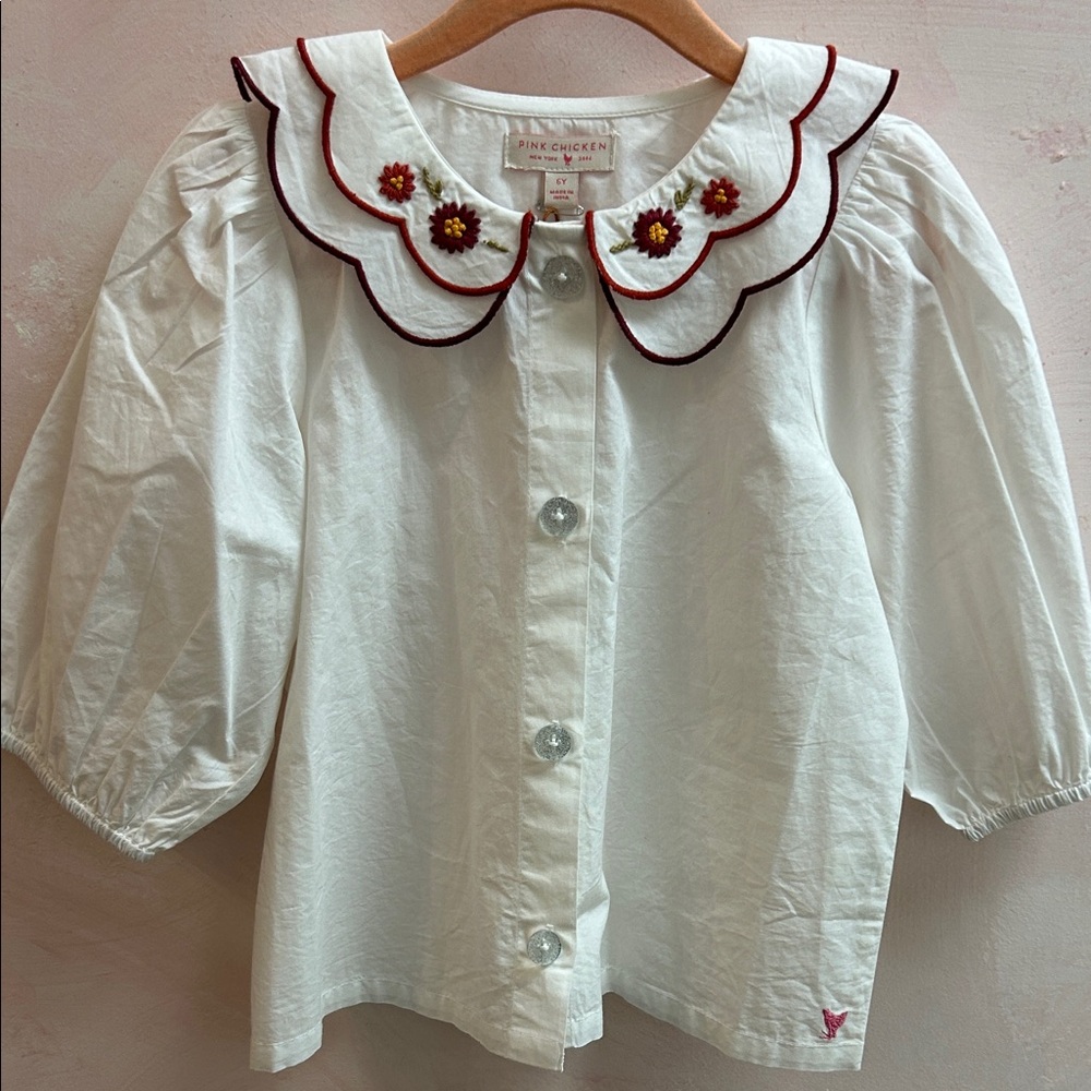 Pink Chicken Darcy White Blouse with Floral Embroidery NWT
